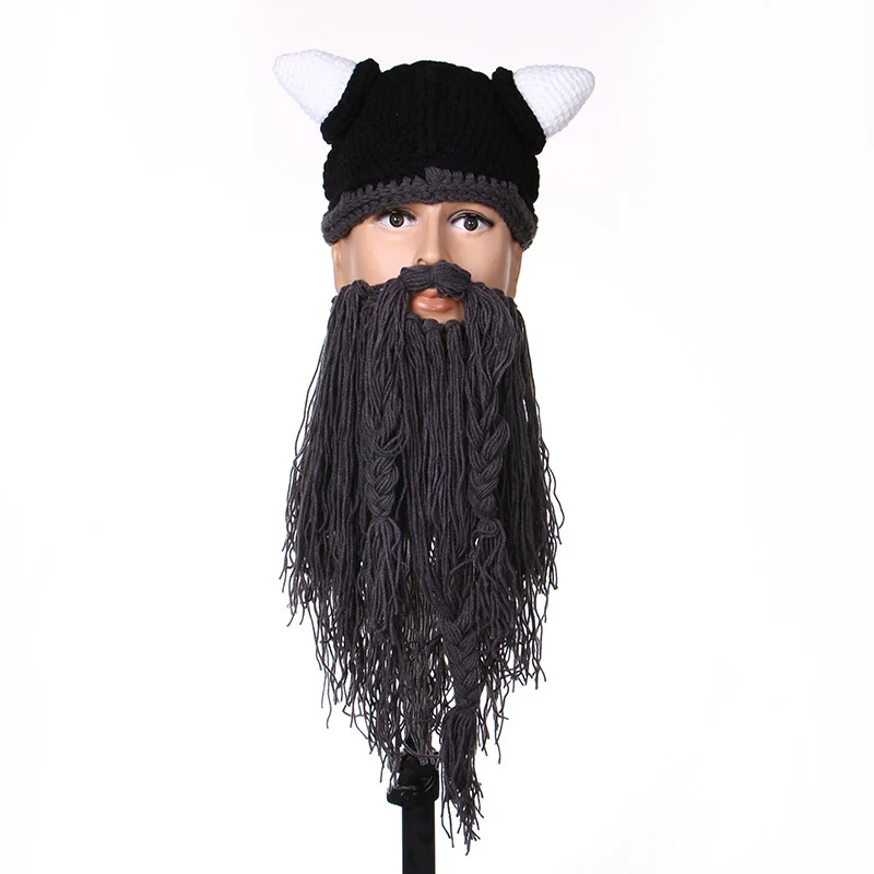  Bearded Horns Hand-knitted Hat Men Funny Gag Halloween Cap Winter Warm Handmade Barbarian Viking Beanie Beard Horn Caps CP0170  (3)