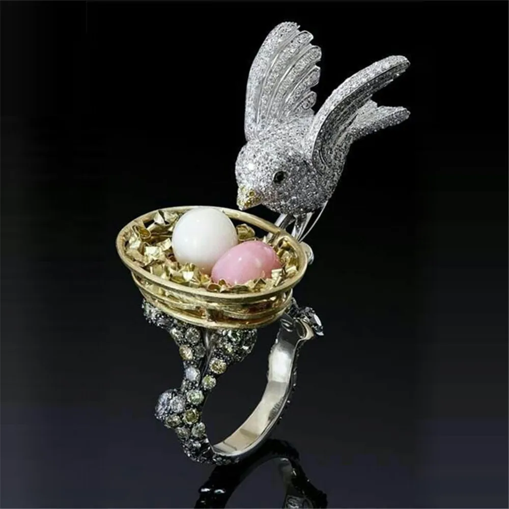 

NEW Fashion Multicolor Pink Crystal Rhinestone Bird Flower Rings for Women Bohemia Animal Wedding Engagement Ring Jewelry Gift