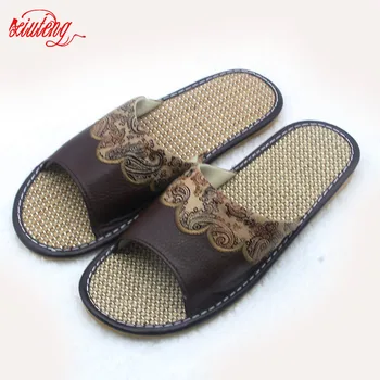 

Xiuteng Hot Sales 2020 Summer Genuine Cowhide Leather Sewing men House Slippers Flat Flax Indoor Shoes home Feminina Sandals
