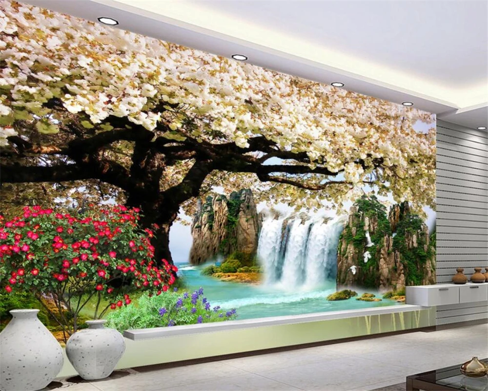 

wall paper Natural waterfall cherry landscape 3D living room room sofa background decoration 3D wallpaper papier peint Beibehang