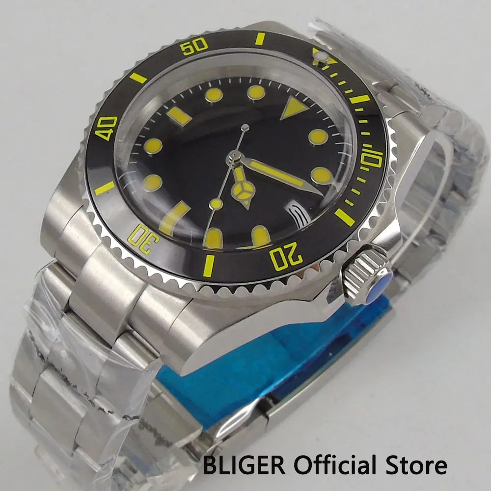 

Sapphire BLIGER 40MM Black Dial Ceramic Bezel Yellow Marks Mechanical Wristwatch Luminous Automatic Movement Men's Watch B108