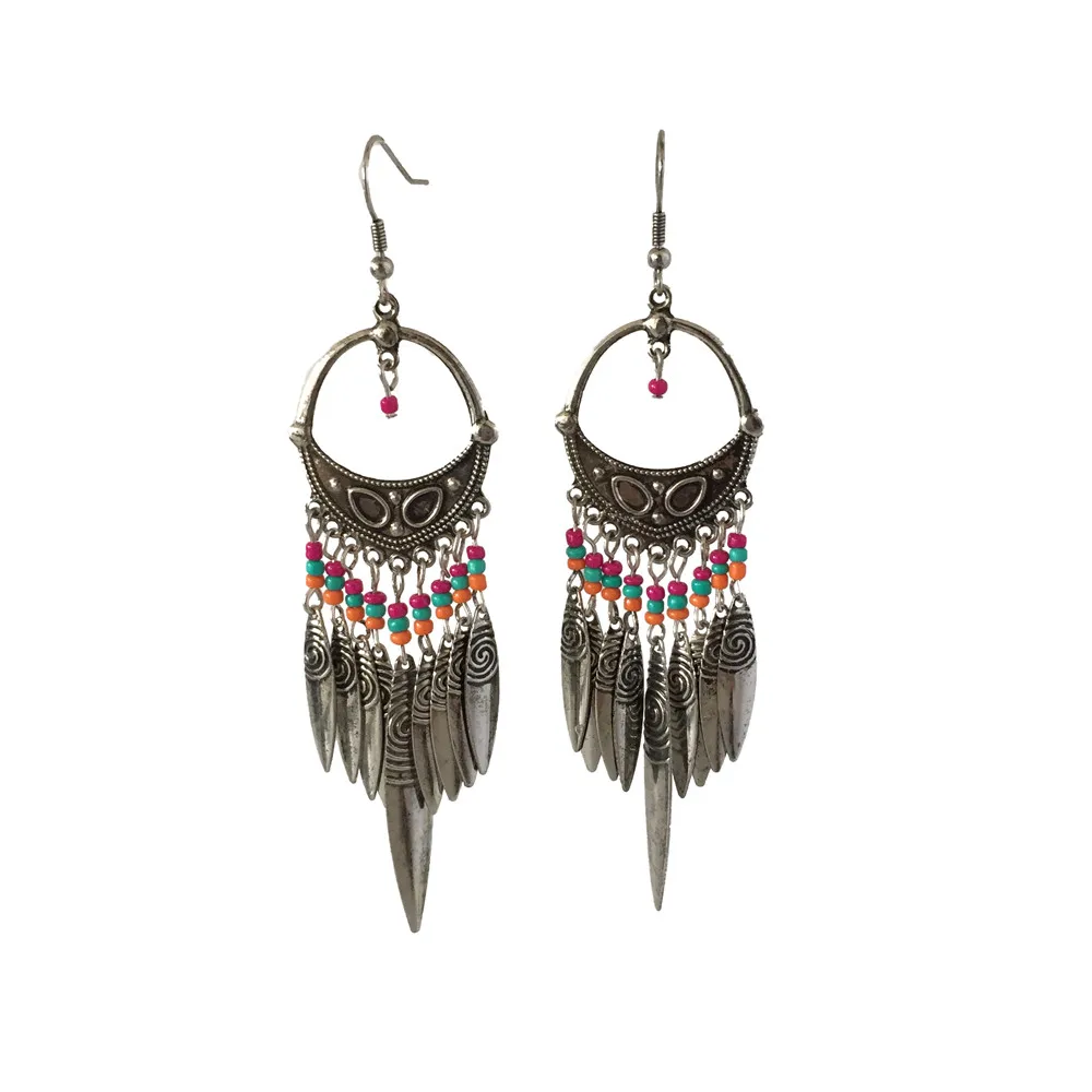 

BOHO WOMEN DROP EARRINGS ANTIQUE RHODIUM COLOR PLATING IRON TASSEL COLORFUL BEAD