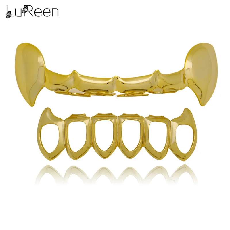 

LuReen Hiphop Gold Teeth Grills Dental Hollow Fang Vampire Tooth Grills Set Custom Cosplay Teeth Caps Halloween Jewelry XHYT1078