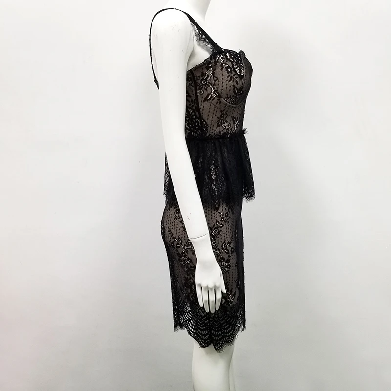 High Quality Black Lace Slip Ruffles Rayon Bandage Dress Evening Party Bodycon Dress (2)