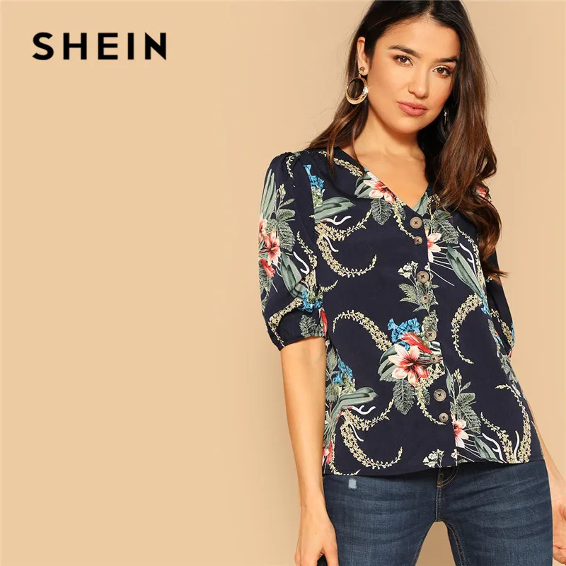 

SHEIN Navy Botanical Print Button Up Blouse Ladies Tops Summer Casual Half Sleeve V Neck Comfortable Women Tops And Blouses