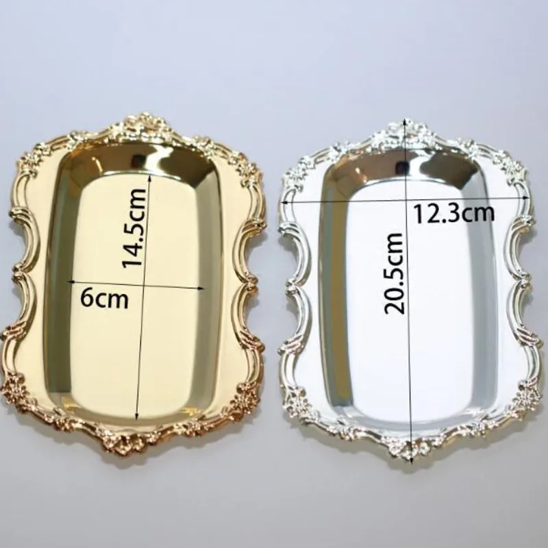 Silber Gold Gericht Platten Kuchen Tablett Geschnitzte Rand Hochzeit Декор десертный лоток Edelstahl Gerichte|Лотки для