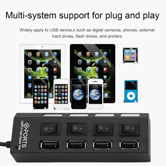 4 Port Micro USB Hub 2.0 USB Splitter High Speed 480Mbps USB 2.0 Hub LED With ON/OFF Switch For Tablet Laptop Computer Notebook