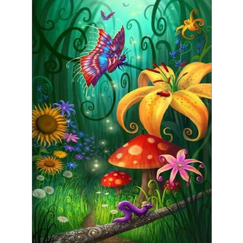 

Diamond Embroidery DIYDiamond Painting Flowers Butterfly Mushrooms 5D Diamond Painting Cross Stitch round Rhinestone Decor KL418
