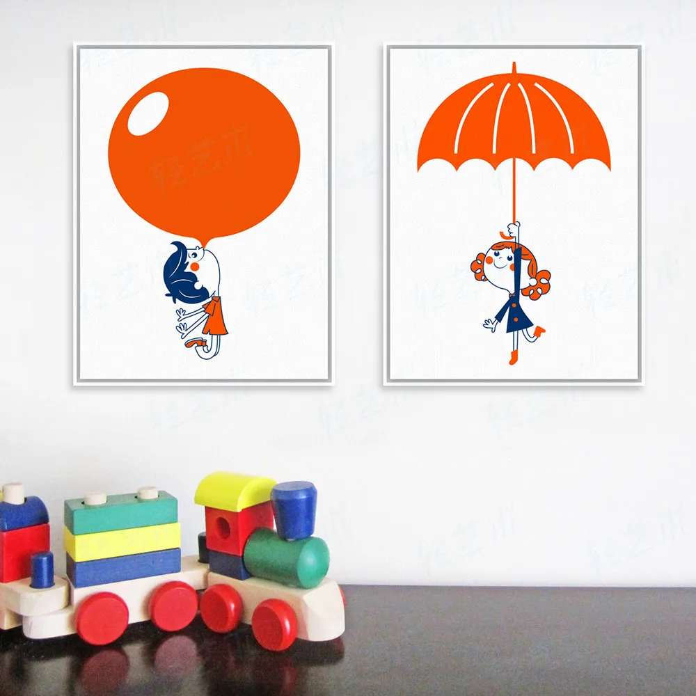 Modern Red Balloon Umbrella Boy Girl A4 Large Art Print