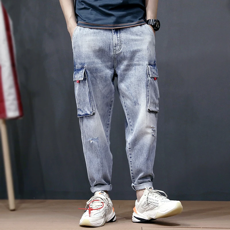 Fashion Streetwear Men Jeans Vintage Designer Loose Fit Harem Pants Big Pocket Denim Cargo Pants Small Leg Hip Hop Jeans Men