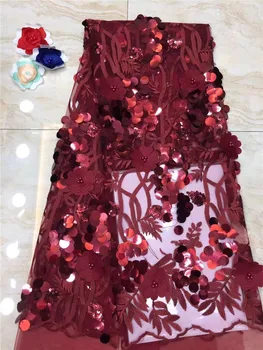 

Sequins Lace Fabric High Quality Latest African 3D Flower Lace Fabric Wedding Tulle Lace Fabric French Nigerican With Beads Red