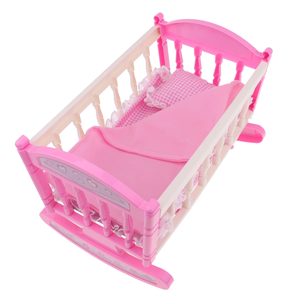 New Born Baby & Rocking Cradle Cot Bed Kids Pretend Baby Play Set With Sounds 