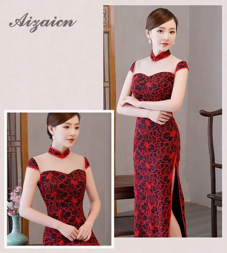 Сексуальная Cheongsam Зеленый Длинные свадебные Qipao Для женщин кружевное вечернее платья китайское традиционное платье халат Восточный Стиль