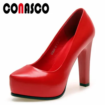

CONASCO Basic Pumps Genuine Leather High Heels Slip On 11cm Heels Wedding Party Shoes Woman Platforms Slip On Prom Pumps