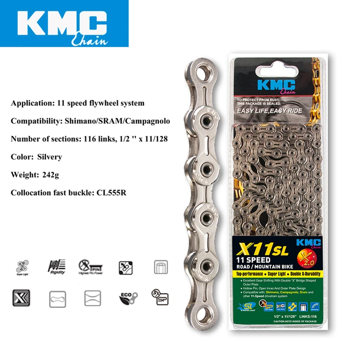 Top KMC X11SL gold silvery bicycle chain 11 speed 116 links quick link full hollow 242g MTB mountain bike chain road 11 variable 0