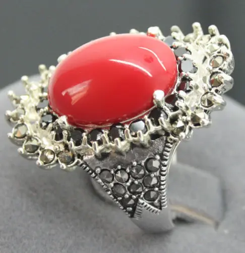 

free shipping noble 16*27mm 925 STERLING SILVER MARCASITE RED CORAL RING SIZE 7/8/9/10