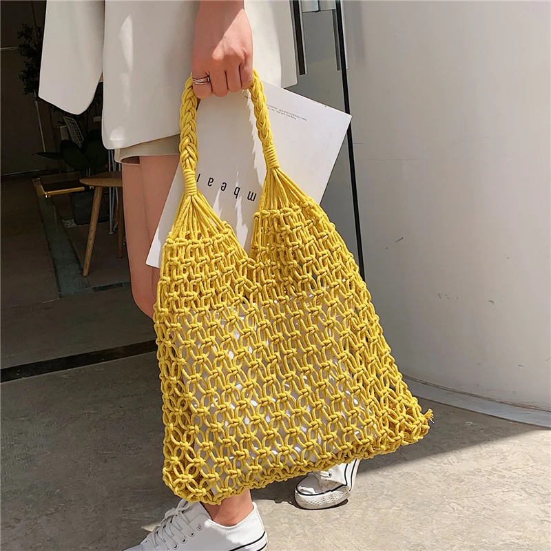 

Burminsa Summer String Women Beach Handbags Big Woven Fruit Storage Ladies Shoulder Bags Net Shopper Bags 2019 White Yellow Pink