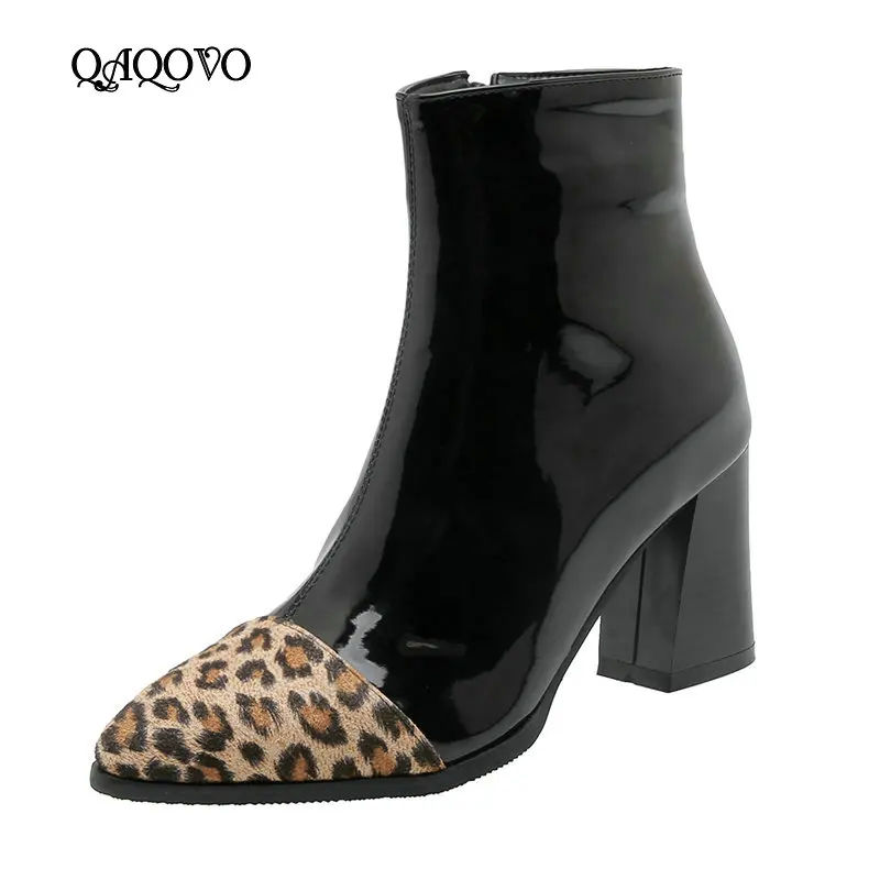 

2020 Leopard Autumn Winter Women Ankle Boots Fashion Zipper Boots Ladies Pointed Toe Square Heel Shoes Women Black Apricot