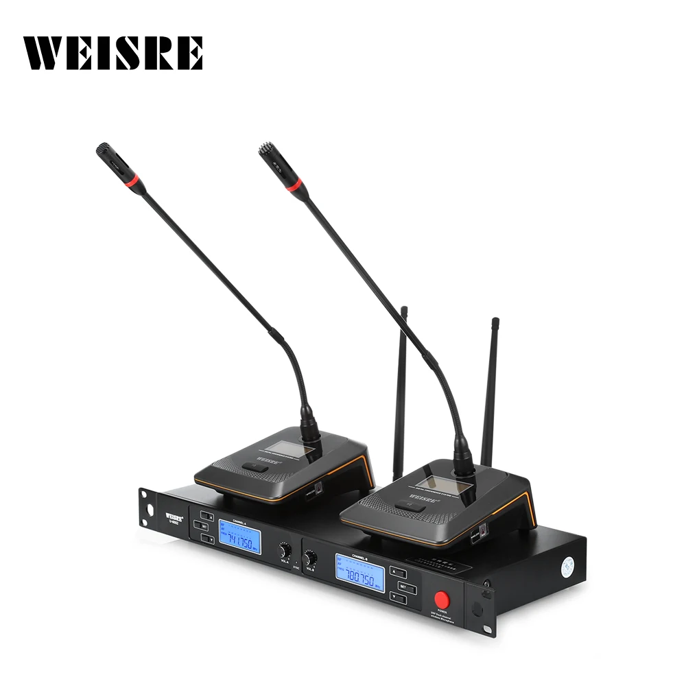 

WEISRE Professional Wireless UHF Microphone System Desktop Mic for Conference Public Speech Interview Church Hall 2 Channels