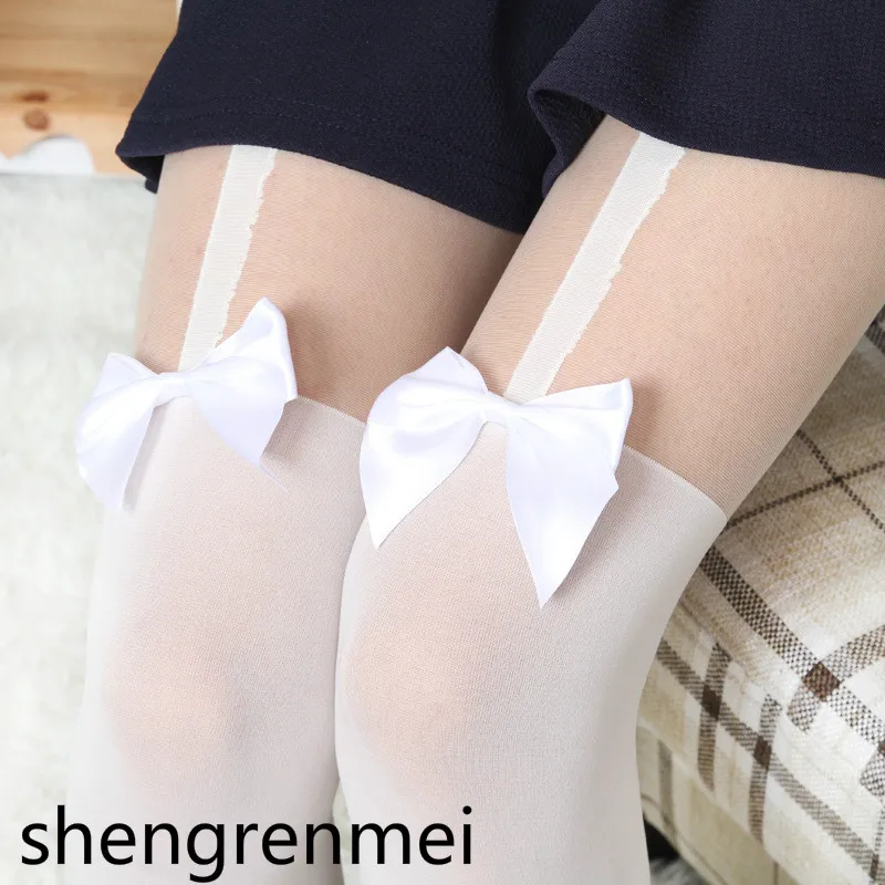 

Shengrenmei 2019 Women Vintage White Tights Bow Pantyhose Bow Suspender Sheer Stockings Dropship