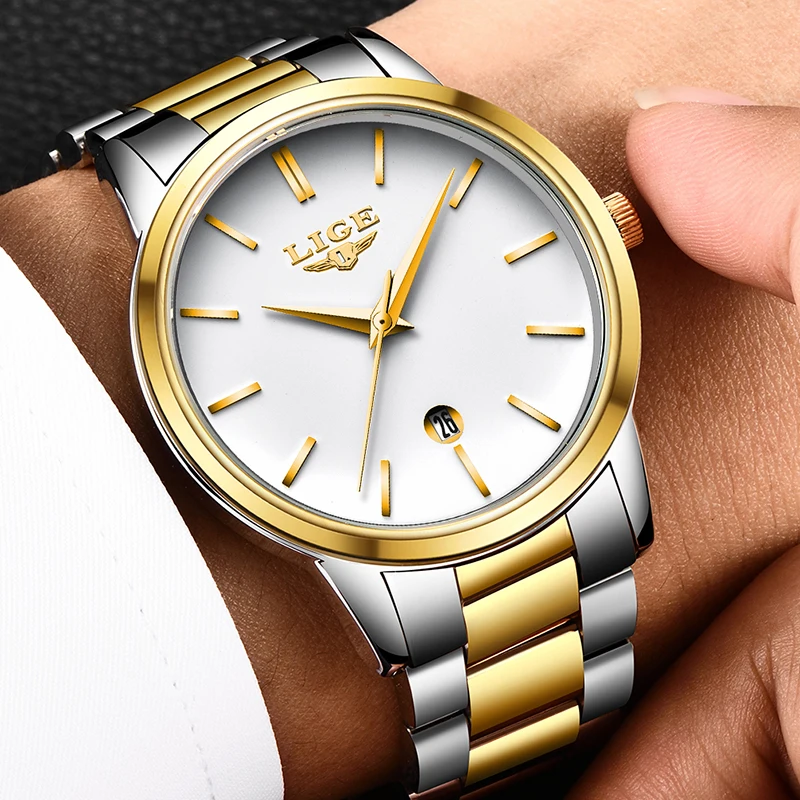 

New LIGE Watch Men Quartz Golden Clock Top Luxury Brand Fashion Business Military Waterproof Stainless Steel Sports Watches +Box