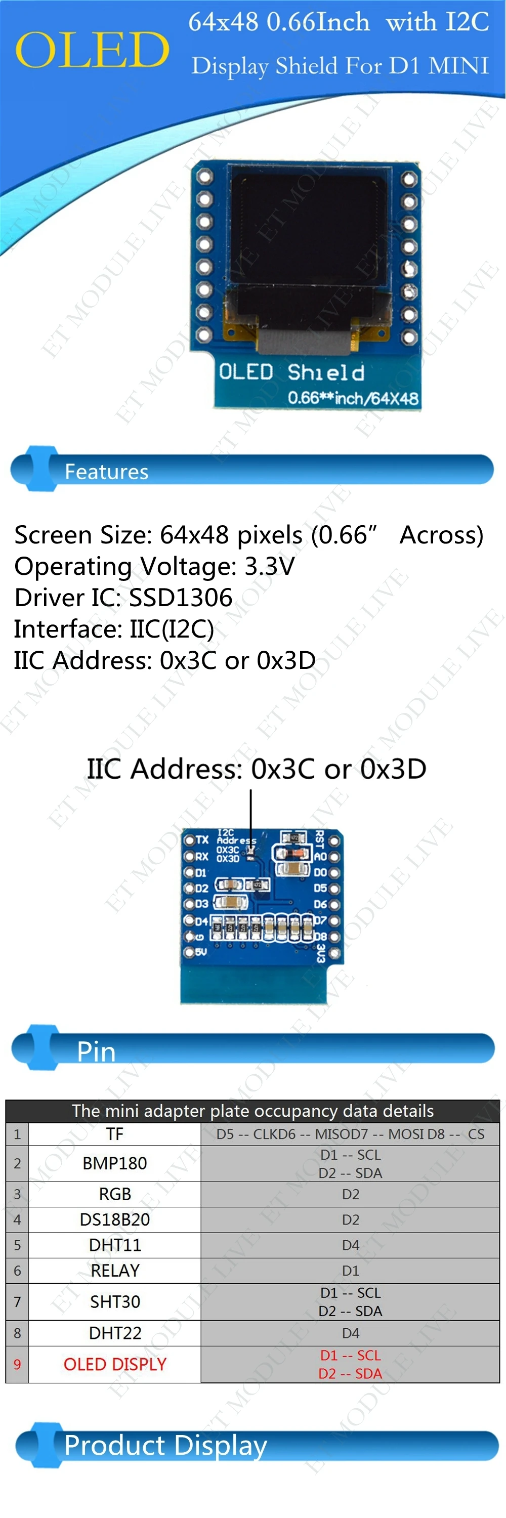 TZT 0,66 дюйм OLED Дисплей модуль для WEMOS D1 мини ESP32 модуль Arduino AVR STM32 64x48 0,66 "ЖК-дисплей Экран IIC I2C OLED