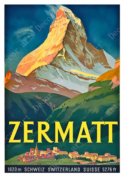 Лыжный Отдых в Zermatt Switzerland Лыжный спорт Винтаж Ретро Путешествия классический холст живопись крафт настенные плакаты стикеры домашний декор семейный подарок