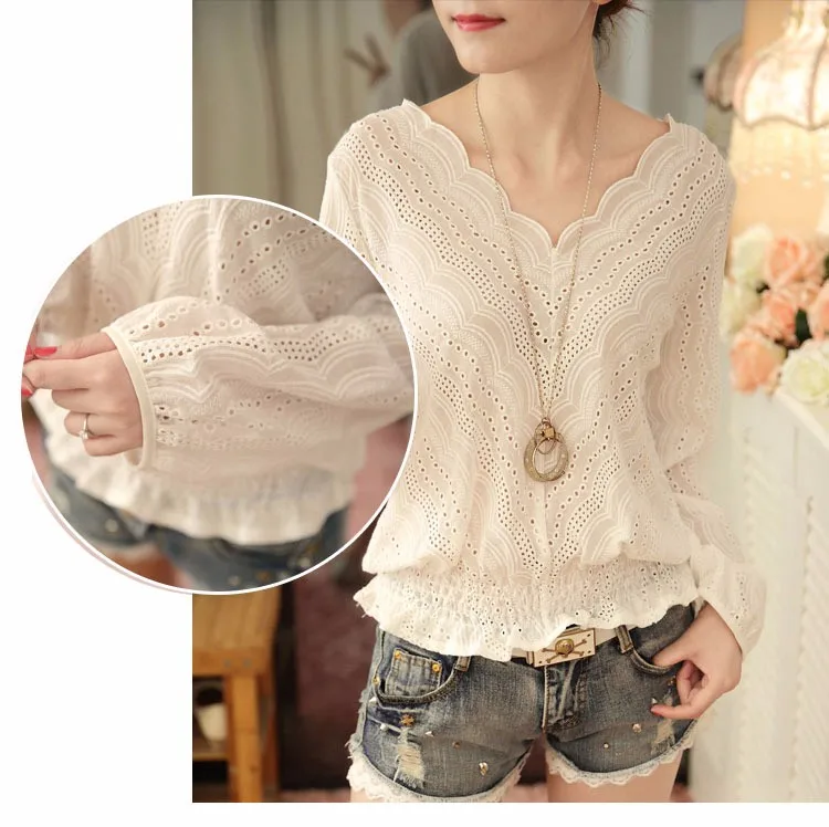 Blusas Femininas 2016 Spring Autumn Women Fashion Plus Size Hollow out Lace Blouse Long Sleeve Sexy Loose White Tops Shirt A602 b