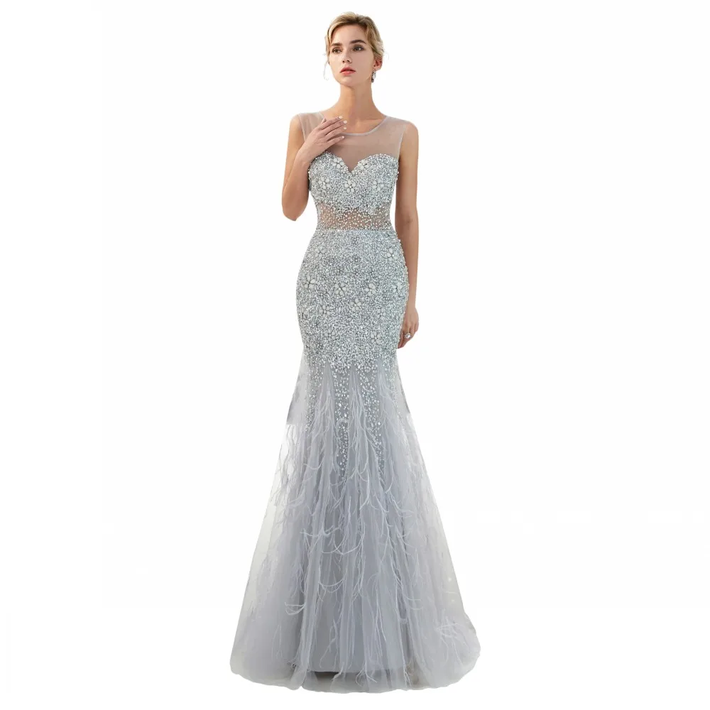 

YOUXI 2019 Luxury Rhinestones Gray Mermaid Evening Dress Long Evening Pageant Dresses Formal Gown robe de soiree