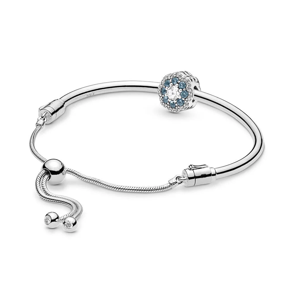 

2019 New Authentic 925 Sterling Silver Blue Sparkle Flower Sliding Bangle Set Charm Bracelet Fit DIY Jewelry Bangle mother's day