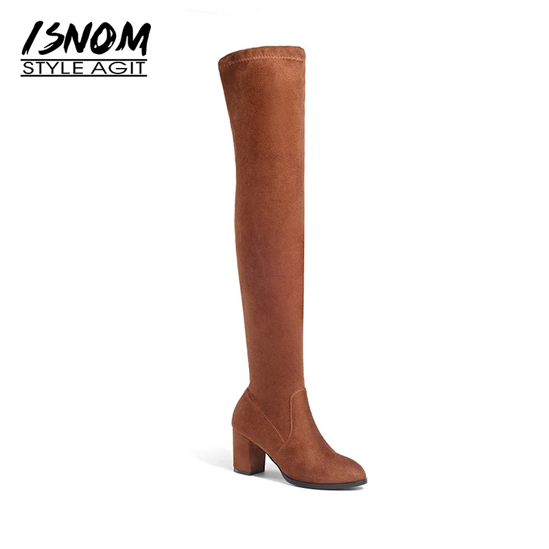 

ISNOM 2018 Big Size Lady Sexy Stretch Thigh High Boot Women Thick High Heels Shoes Woman Faux Suede Over Knee Boot Winter