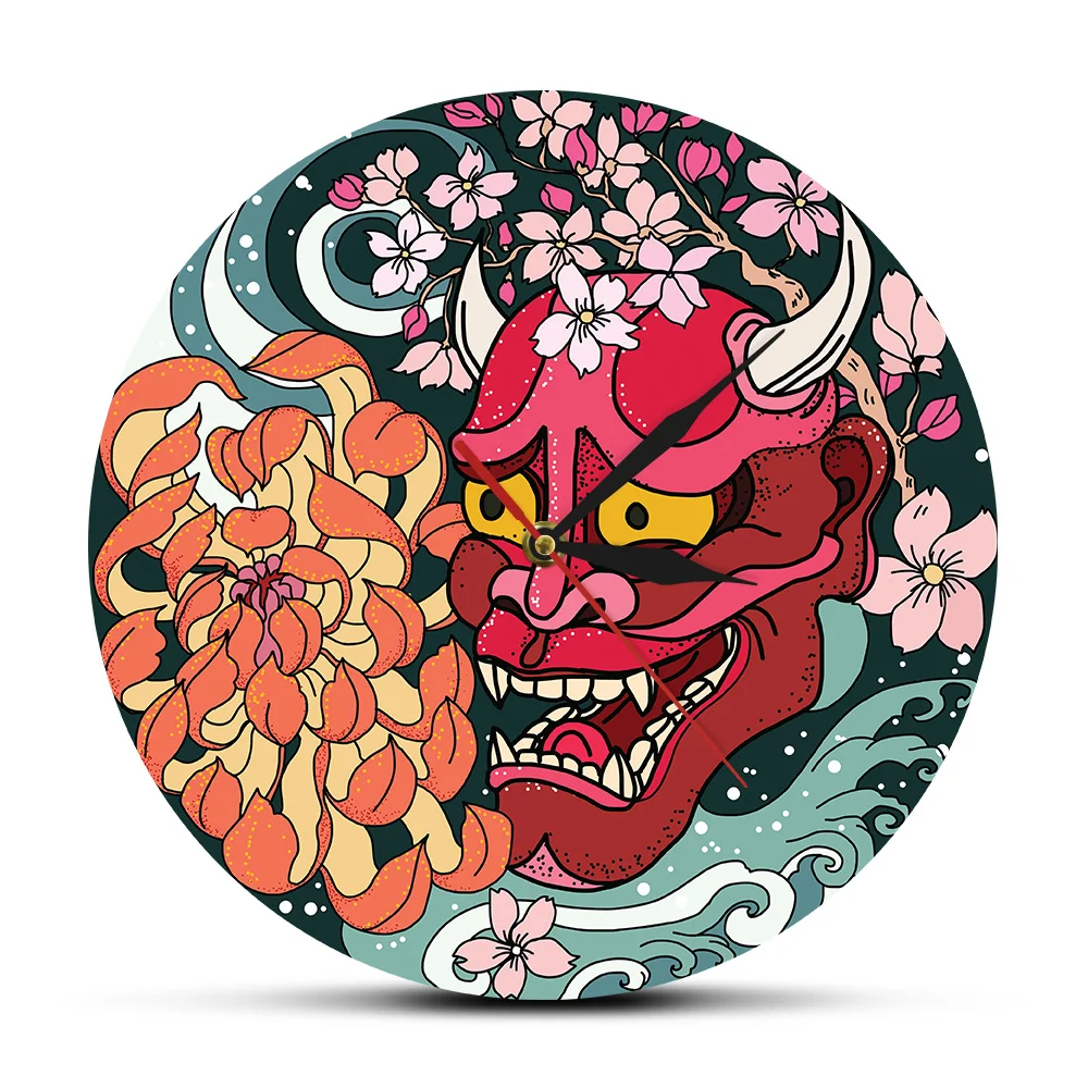 

Gothic Red Oni Demon Mask Wall Clock Japanese Sakura Peony Flower Wall Art Japan Sherpa Evil Red Death Home Decor Clock Watch