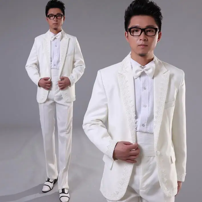 2018 new business white lace slim men suit set with pants mens wedding