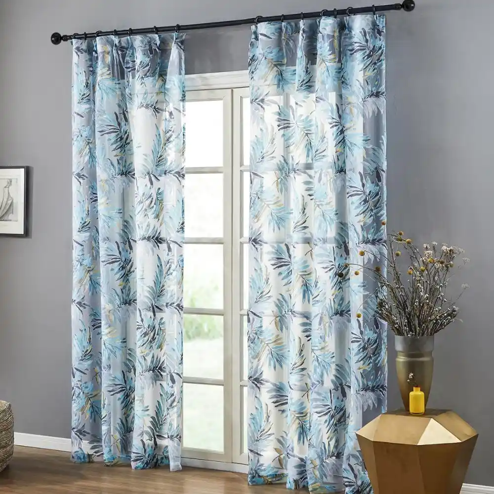 Topfinel Blue Tropical Leaves Print Sheer Curtains For Living Room