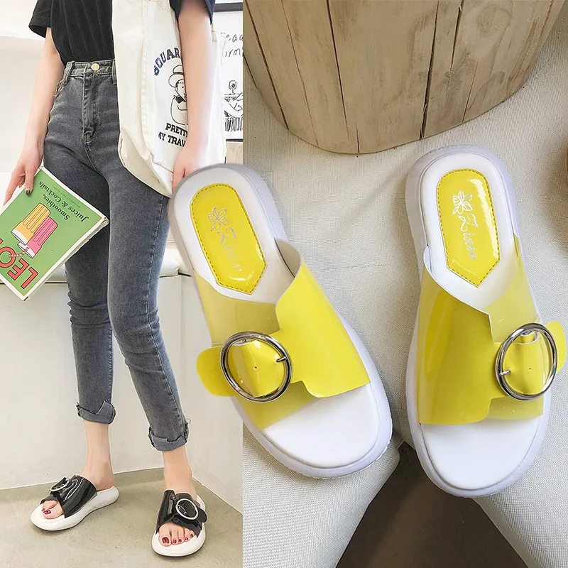 

Clogs Platform Mules Slippers Summer Ladies New 2019 Leather Outside Square Buckle Low Modis Female With Slipon Slides Spring