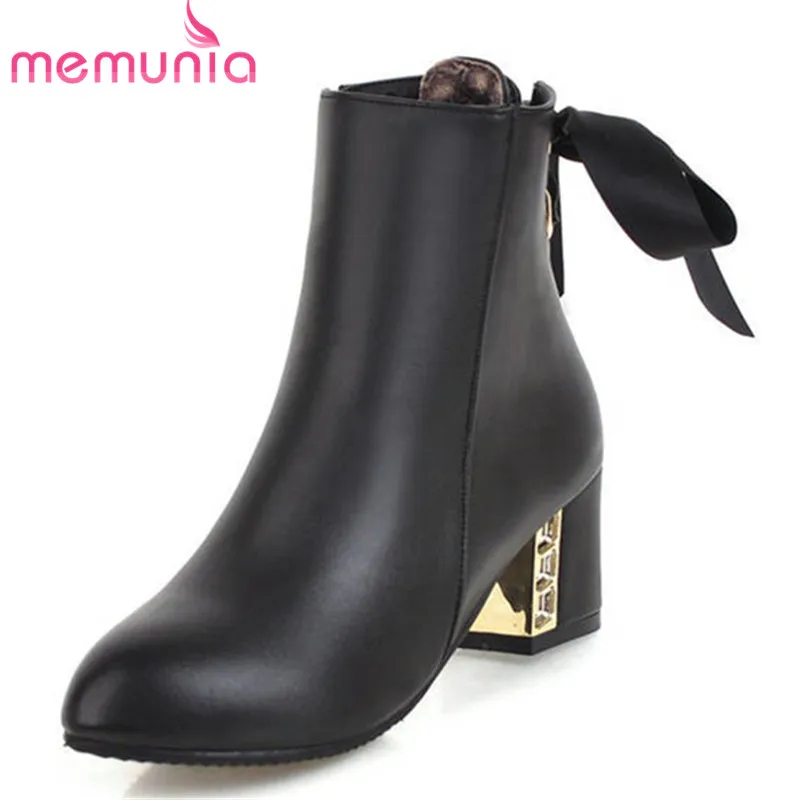 

MEMUNIA 2020 big size 33-48 ankle boots for women round toe autumn winter boots square high heels boots bowknot ladies shoes