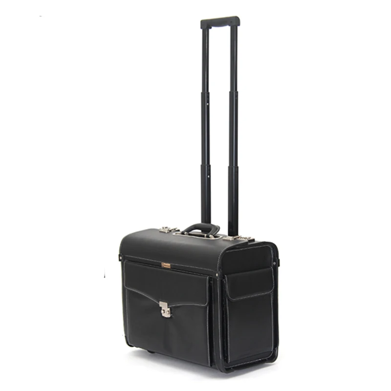 Pilot Rolling Luggage Casters 16 Inch Business Carry On Trolley Women Men Wheels Suitcases Captain PU Travel Bag Trunk