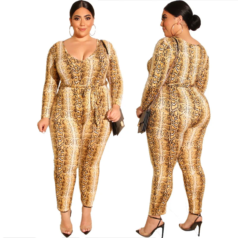 

Adogirl serpentine print long length plus size jumpsuits women autumn v neck bandage suits snake skin 5XL big size one piece set
