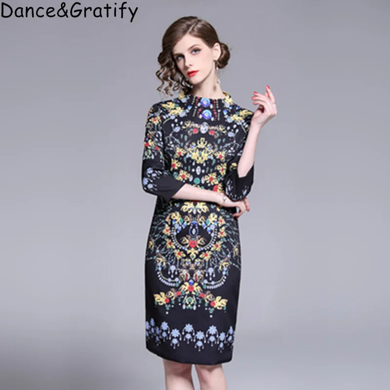 

New 2019 Summer Vintage Print Party Dress Women Designer Runway Dress Fashions Elegant Office Shirt Dress