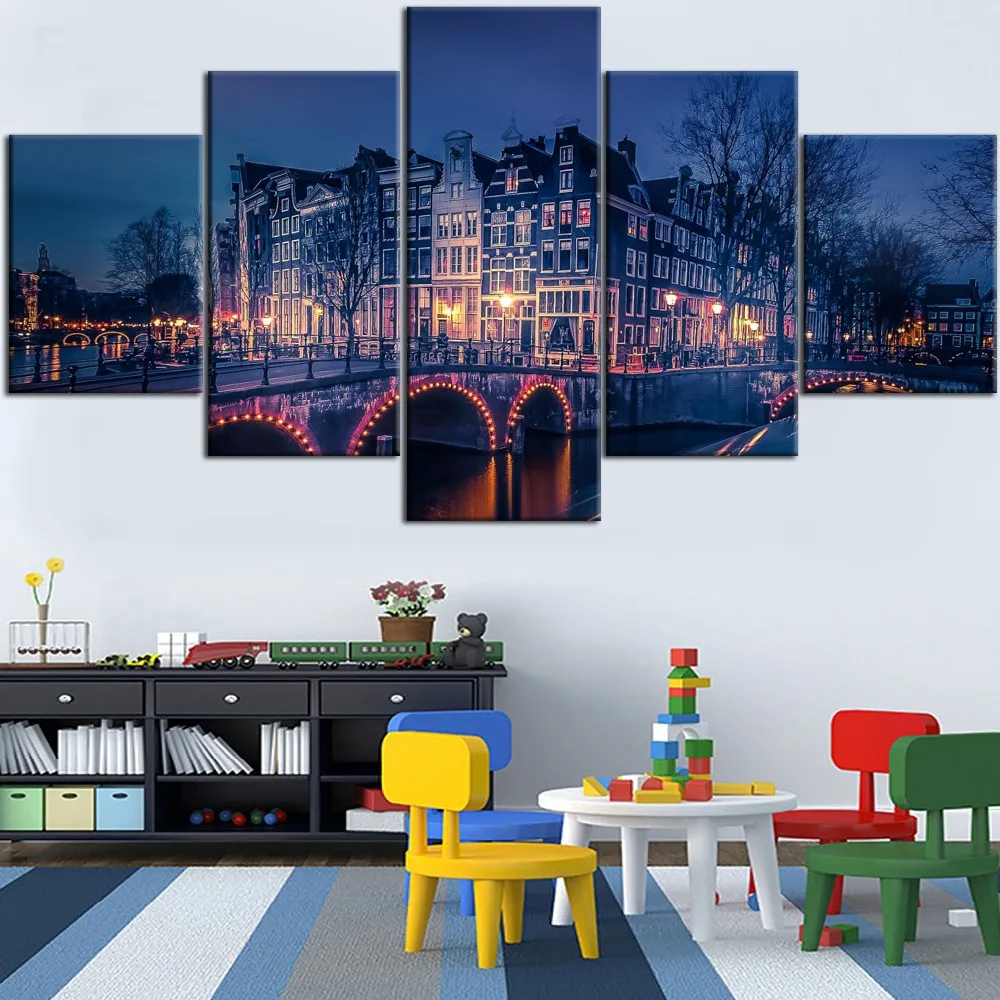 

Artwork Top-Rated Framed 5 Pieces HD Printed Painting Night Landscape World Canal Type Poster For Modern Decorative Living Room