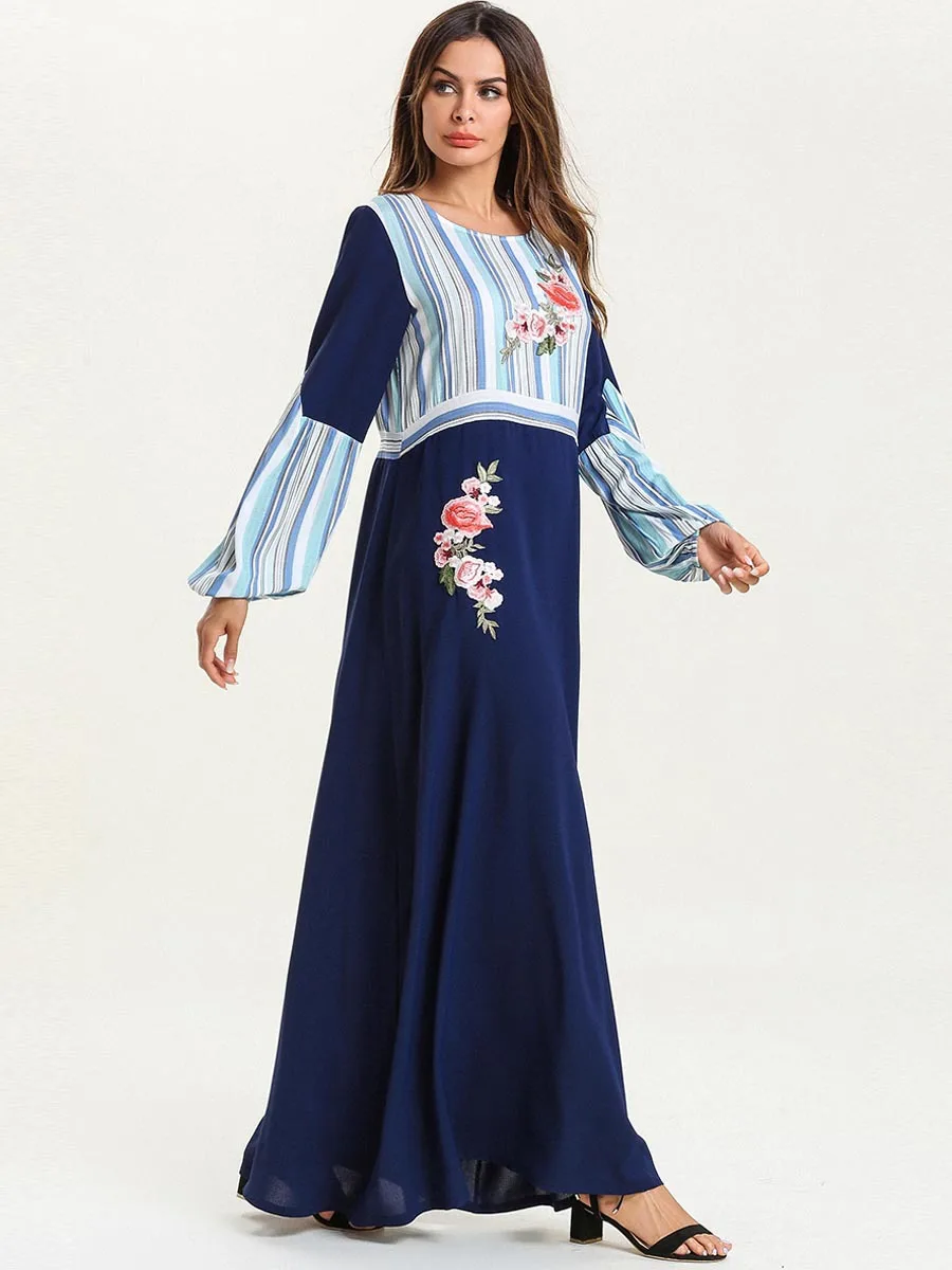 Длинная женская одежда abaya больших размеров 4XL с цветочным принтом голубое платье