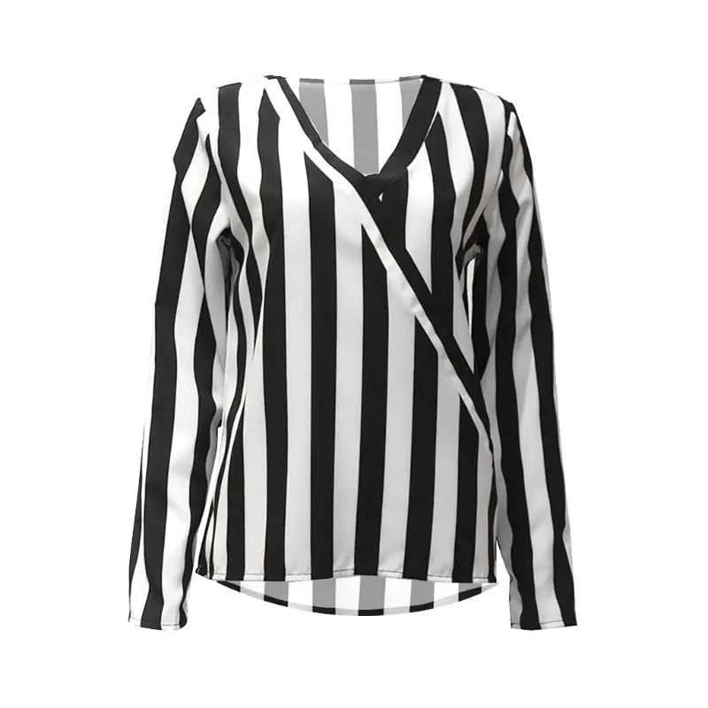 

Womens Plus Size Long Sleeve Loose Pullover Tops Deep V-Neck Contrast Color Vertical Stripes Office Shirt Wrap Front Asymmetric