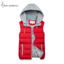 Zoe Saldana 2017 Women Hooded Vest Autumn Winter Warm Cotton Padded Waistcoat Sleeveless Zipper Basic Coat