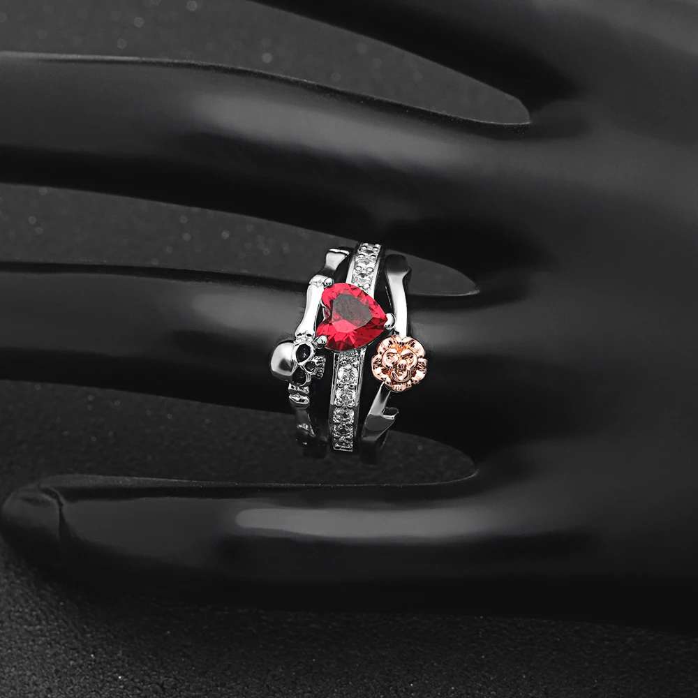 Готический череп палец серебряные женские обручальные кольца набор для женщин девушка красное сердце кристалл CZ роза цветок модный подарок для ювелирных изделий кольца