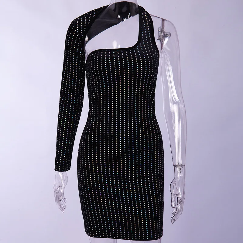 Один рукав выдалбливают платье на одно плечо спинки Dot Sequined Mini Dress