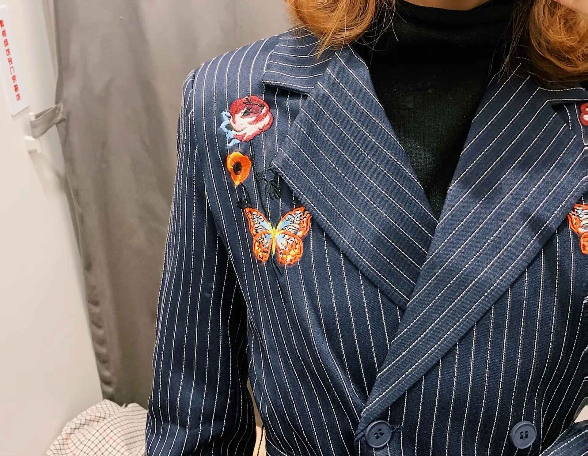 Spring Autumn Suit Long Sleeve Butterfly Embroidery Stripes Double-row Buckle Tie Suit Appliques  Office Lady Women's Blazers