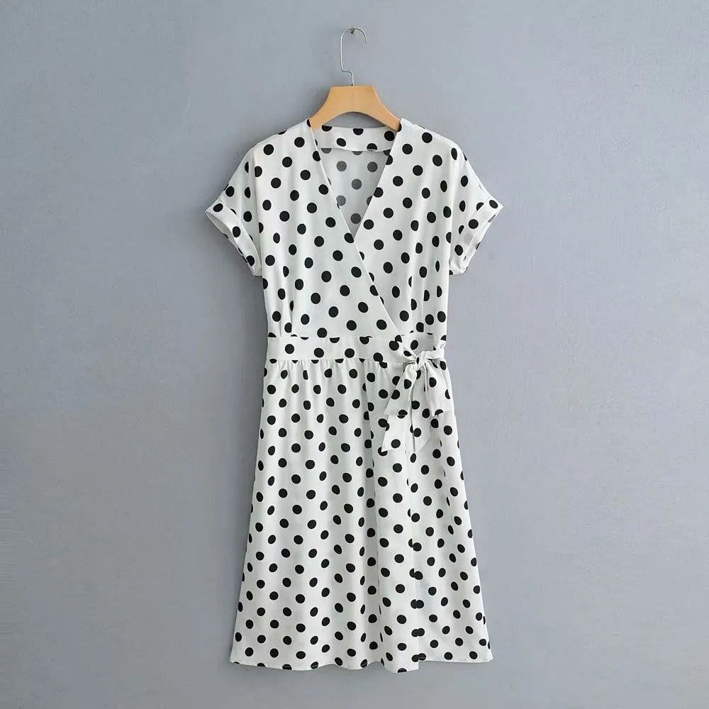 

Boho Vacation Polka Dot Printing Midi Dress Sexy Split Deep V Neck Summer Dress Women Lace-up Waist Wrapped Smocks