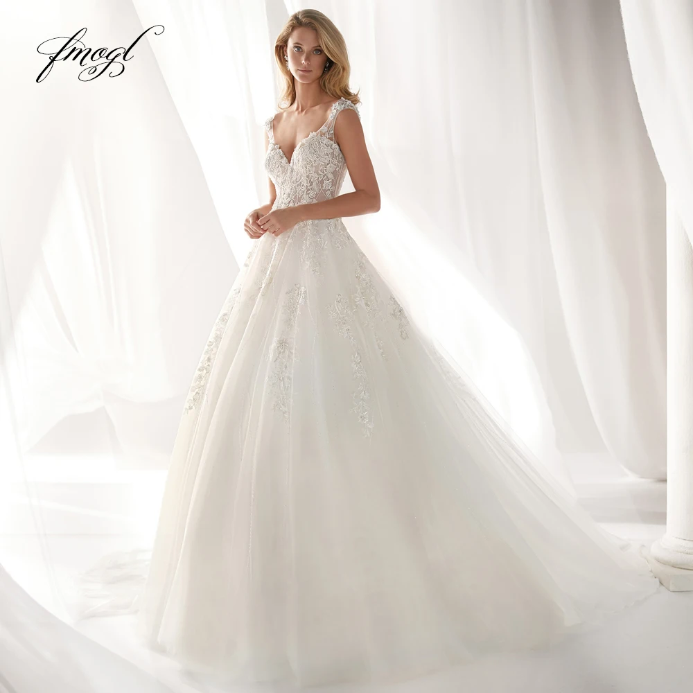 Fmogl Vestido De Noiva Милая линии свадебное платье 2019 эффектное с открытой спинкой и аппликацией бисером суд Поезд свадебное платье, тюль