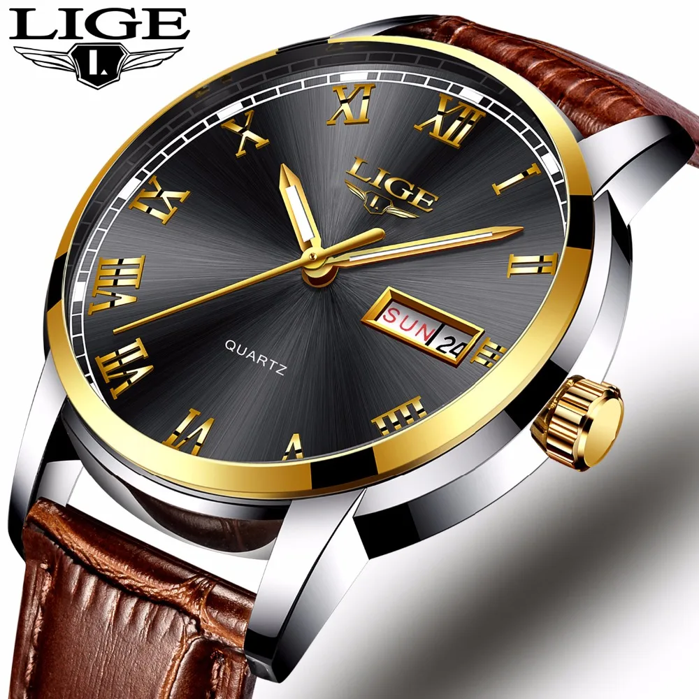 

2017 LIGE Men sports Watches Male Fashion Business Quartz-watch Men Leather Waterproof Clock Man Auto Date Multifunction Watches