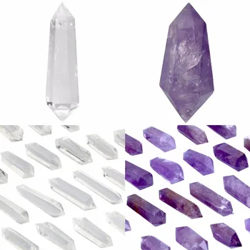 

TUMBEELLUWA Natural Rock Quartz/Amethyst Double Terminated Wand,6 Facet Hexagonal Prism Crystal Point Figurine